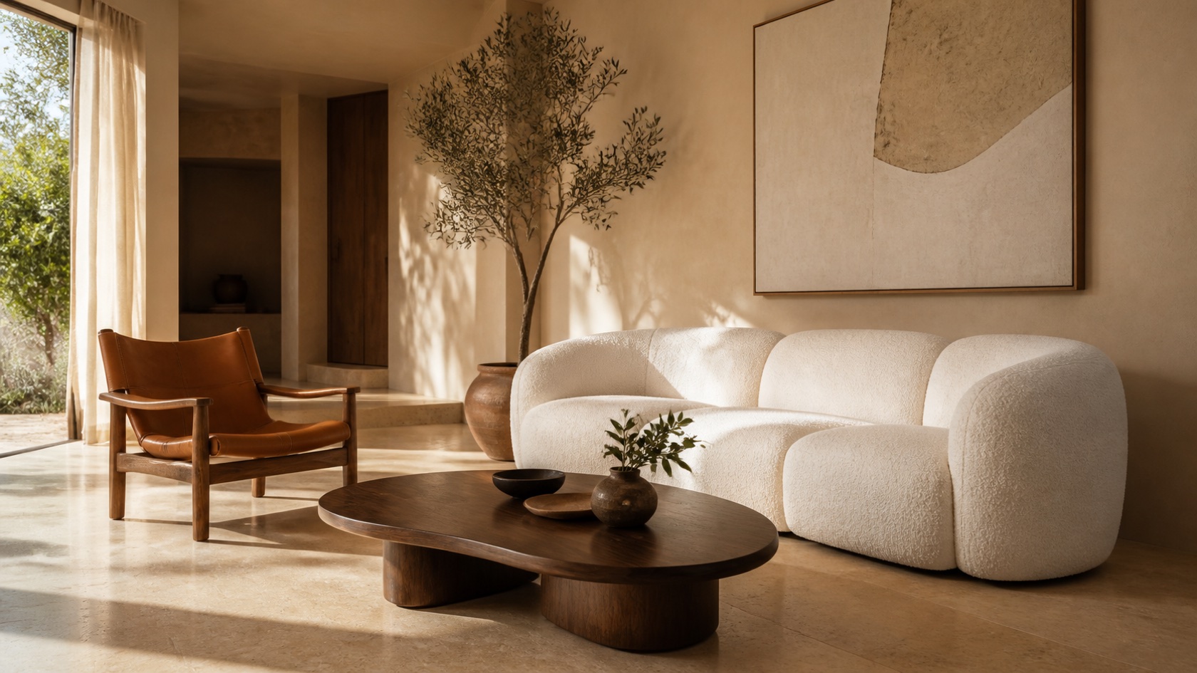 Sala Lúmina con sofá marfil, sillón de piel y mesa de nogal